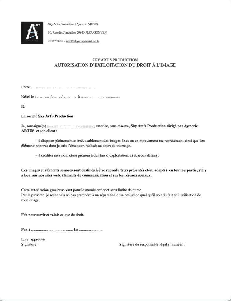 Droit à L' image Sky Art's Production Contrat